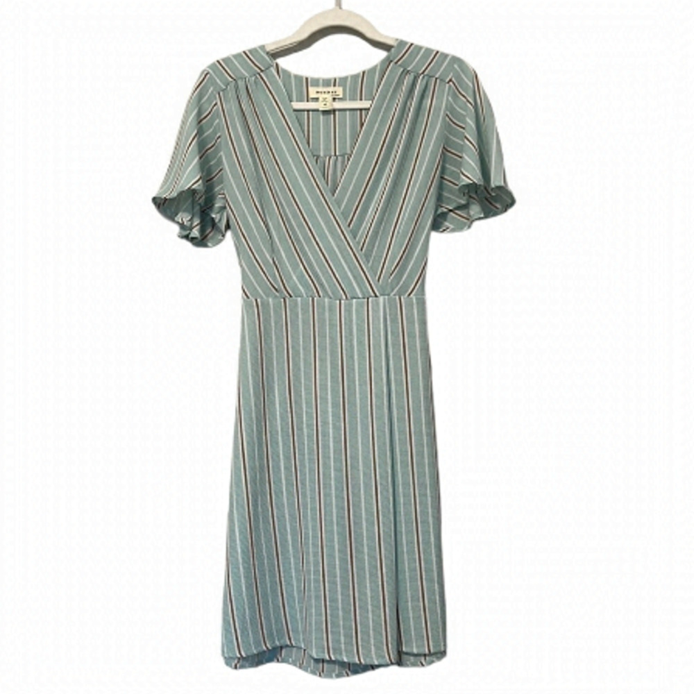 Pastel Striped Dress With Flutter Sleeve & Faux Wrap Tie Back- Size Medium - Picture 2 of 12